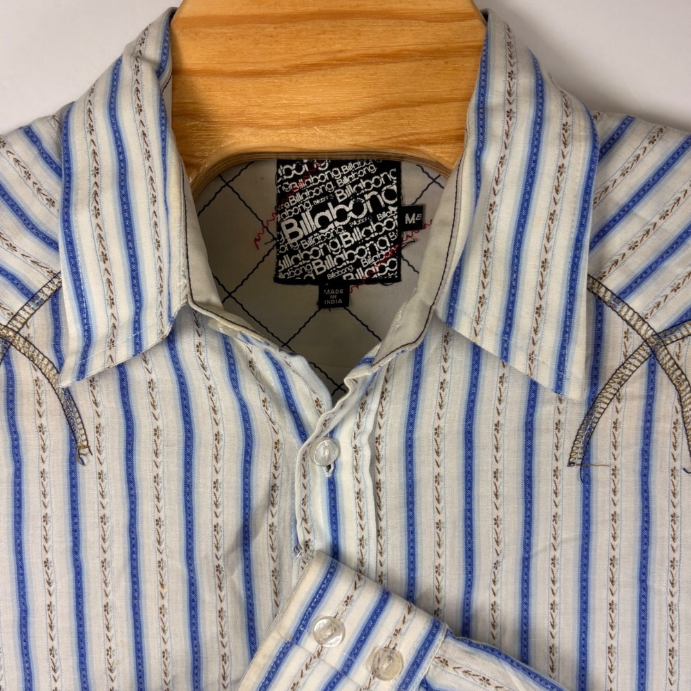 Billabong Western Men's Sz Med White Floral Stripe Slim Fit Pearl Button Up‎